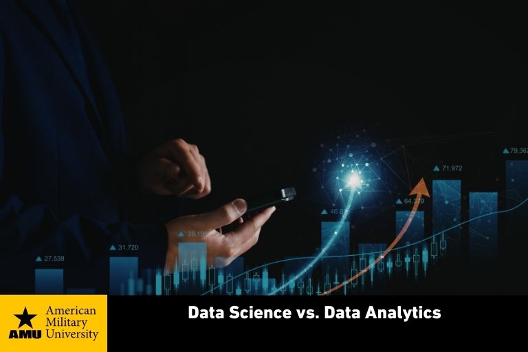 data-science-versus-data-analytics Data science professional looking at mobile phone