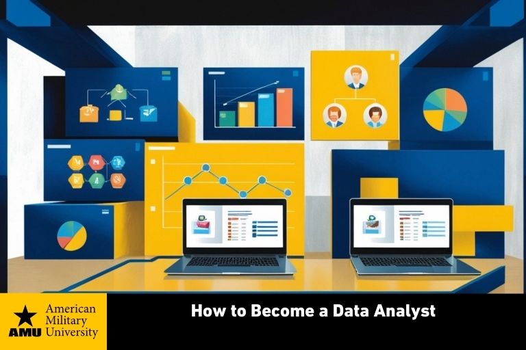 how-to-become-a-data-analyst illustration of data surrounding laptop